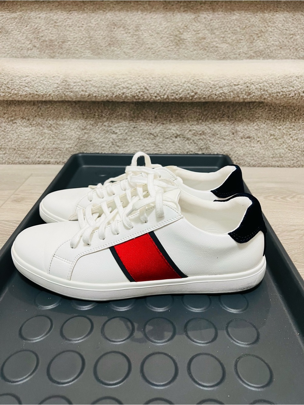 Aldo White Sneakers with Red Side Stripe and Black Heel